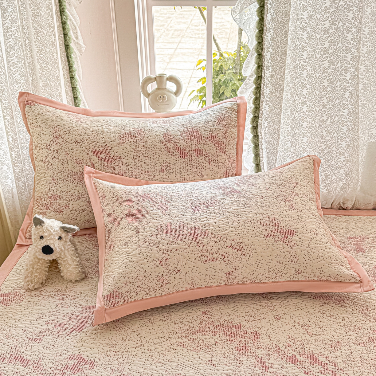 91家纺网 家纺一手货源 找家纺 川悦生活 2026新款PE凉感提花豆豆席平铺款三件套 尼尔-粉