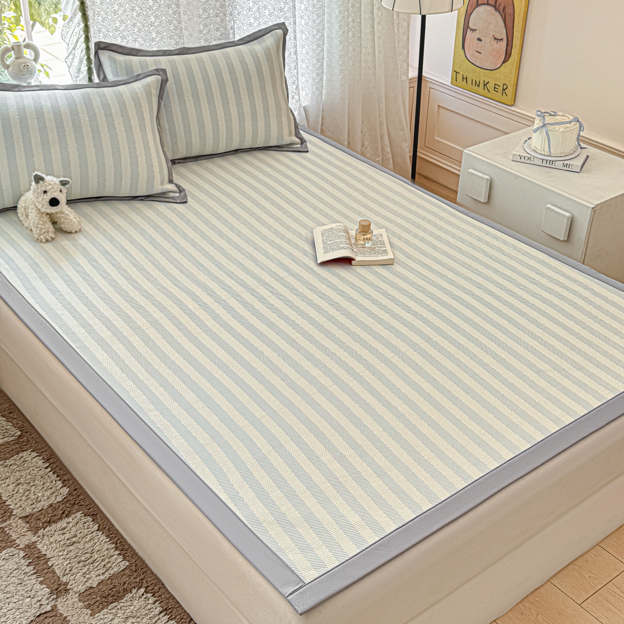 91家纺网 家纺一手货源 找家纺 川悦生活 2026新款PE凉感提花豆豆席平铺款三件套 甜心-水蓝