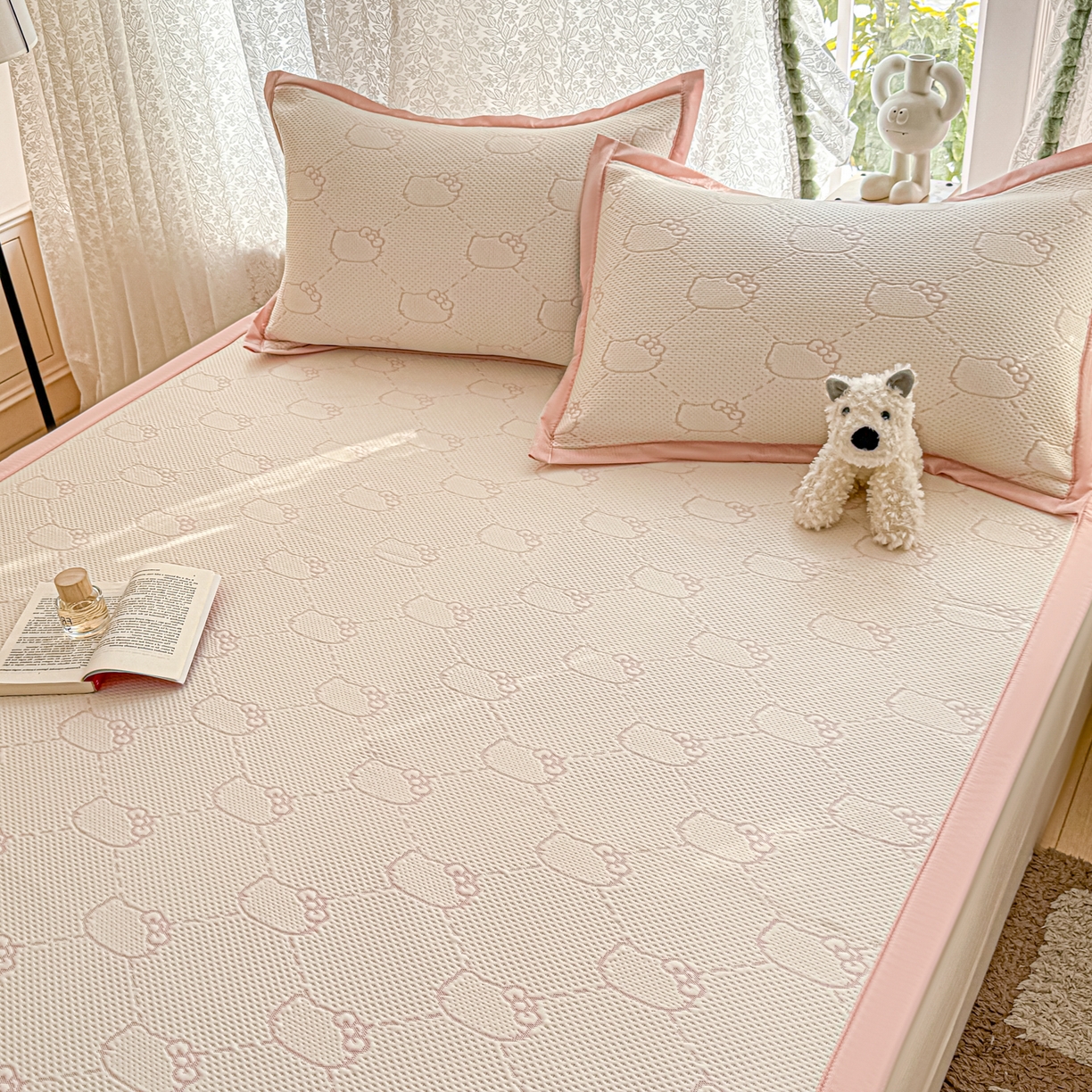 91家纺网 家纺一手货源 找家纺 川悦生活 2026新款PE凉感提花豆豆席平铺款三件套 甜心奶猫