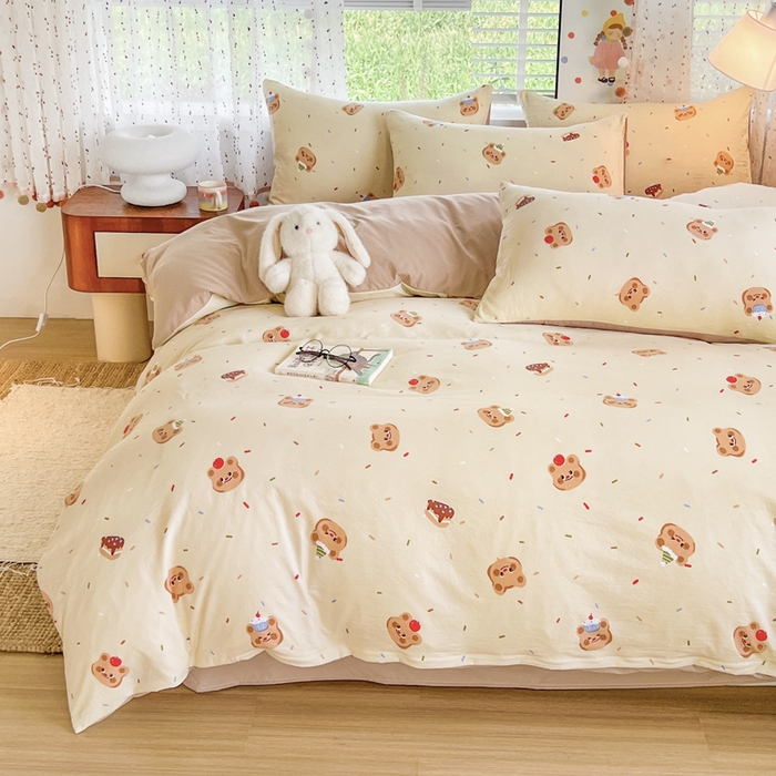 91家纺网 家纺一手货源 找家纺 简冠家纺 2026新款仿棉水洗棉四件套 咖啡熊