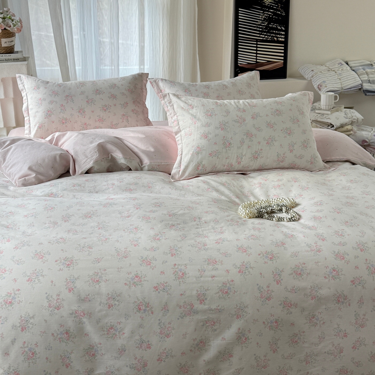 91家纺网 家纺一手货源 找家纺 美丽坊 2026新款跨境外贸爆款高支数高密度全棉纯棉四件套 粉妆