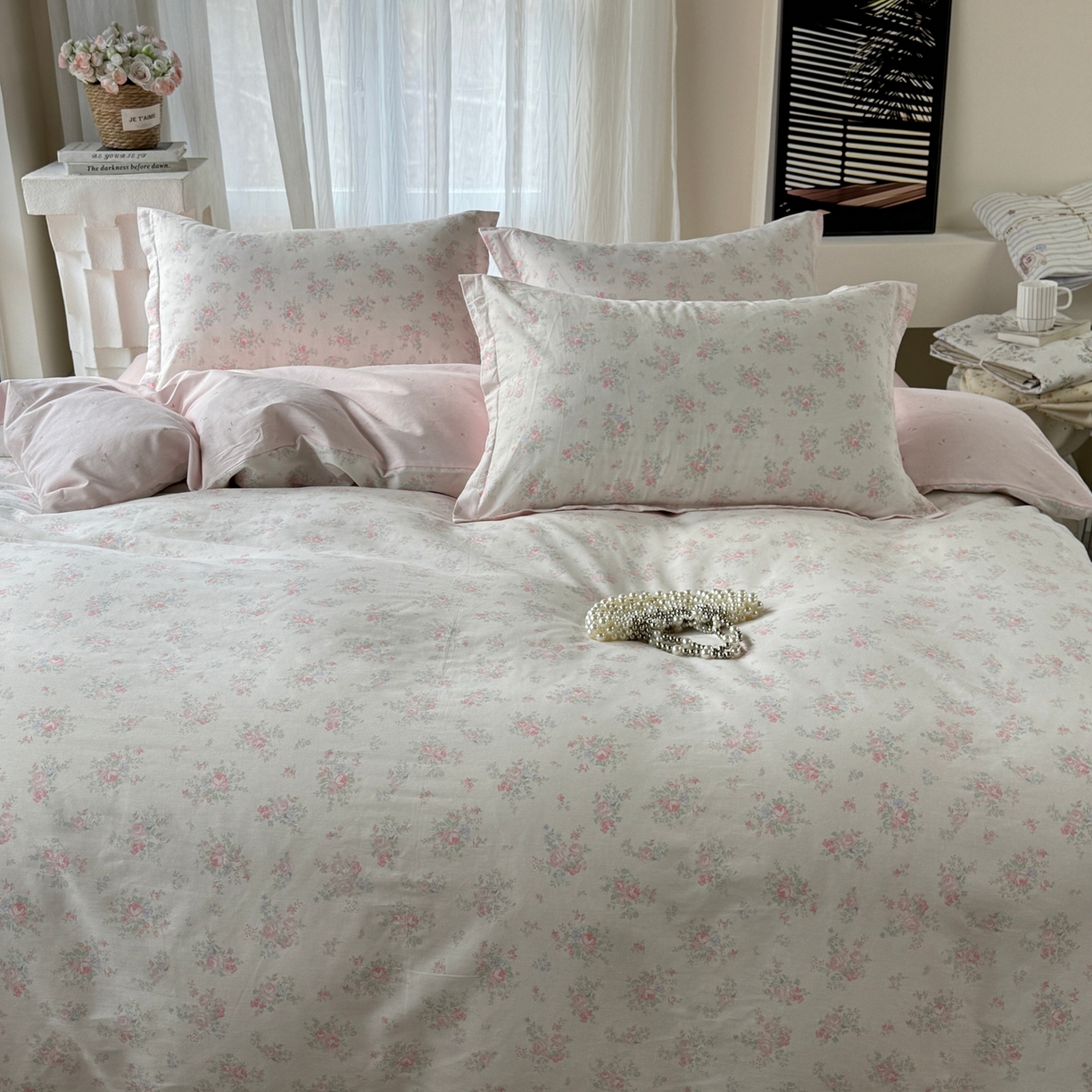 91家纺网 家纺一手货源 找家纺 美丽坊 2026新款跨境外贸爆款高支数高密度全棉纯棉四件套 粉妆