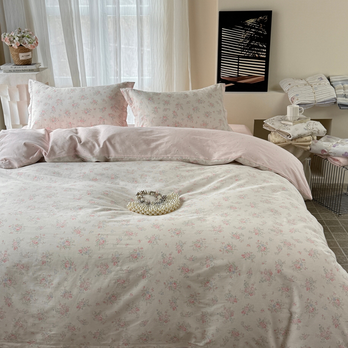 91家纺网 家纺一手货源 找家纺 美丽坊 2026新款跨境外贸爆款高支数高密度全棉纯棉四件套 粉妆