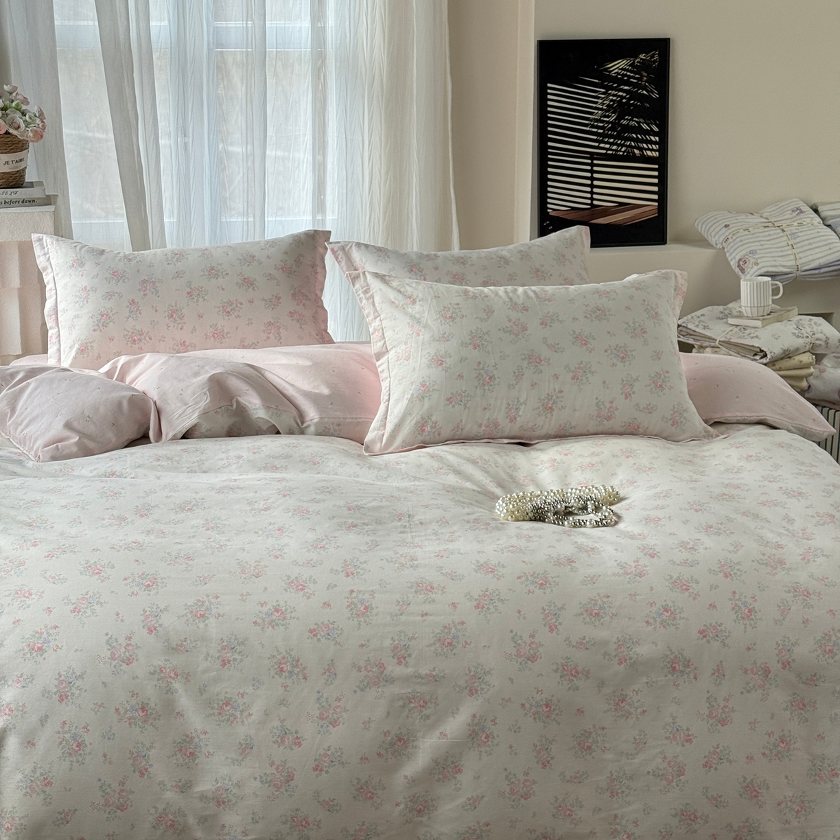 91家纺网 家纺一手货源 找家纺 美丽坊 2026新款跨境外贸爆款高支数高密度全棉纯棉四件套 粉妆