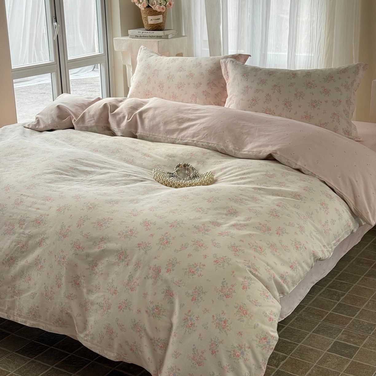 91家纺网 家纺一手货源 找家纺 美丽坊 2026新款跨境外贸爆款高支数高密度全棉纯棉四件套 粉妆