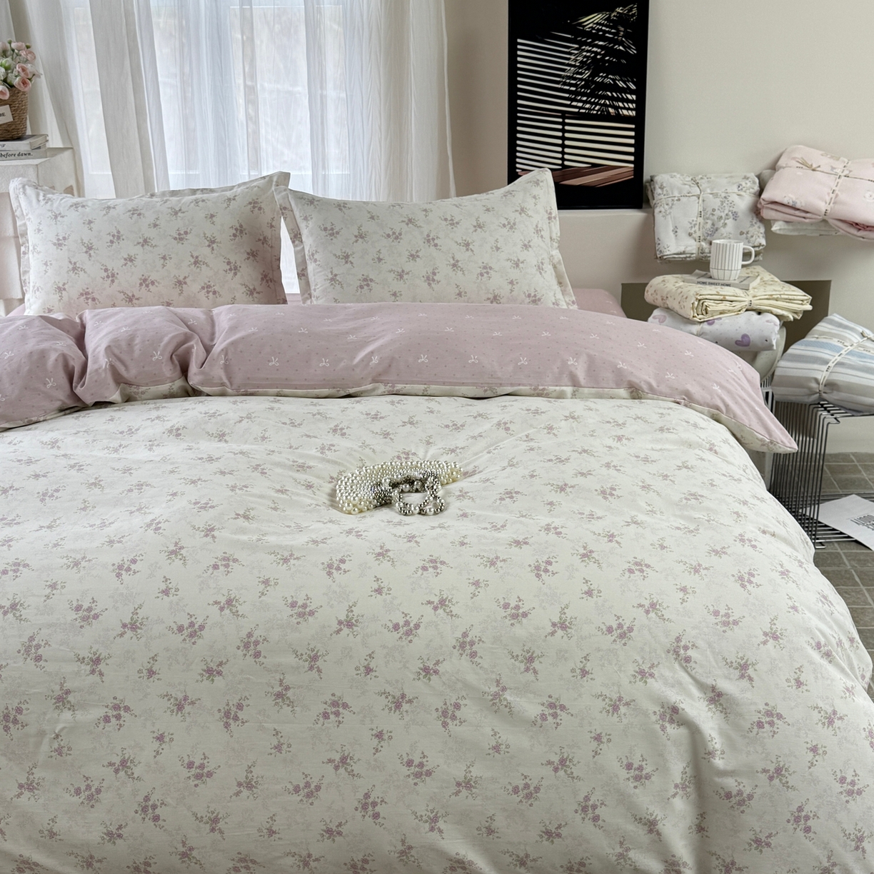 91家纺网 家纺一手货源 找家纺 美丽坊 2026新款跨境外贸爆款高支数高密度全棉纯棉四件套 暮紫流云