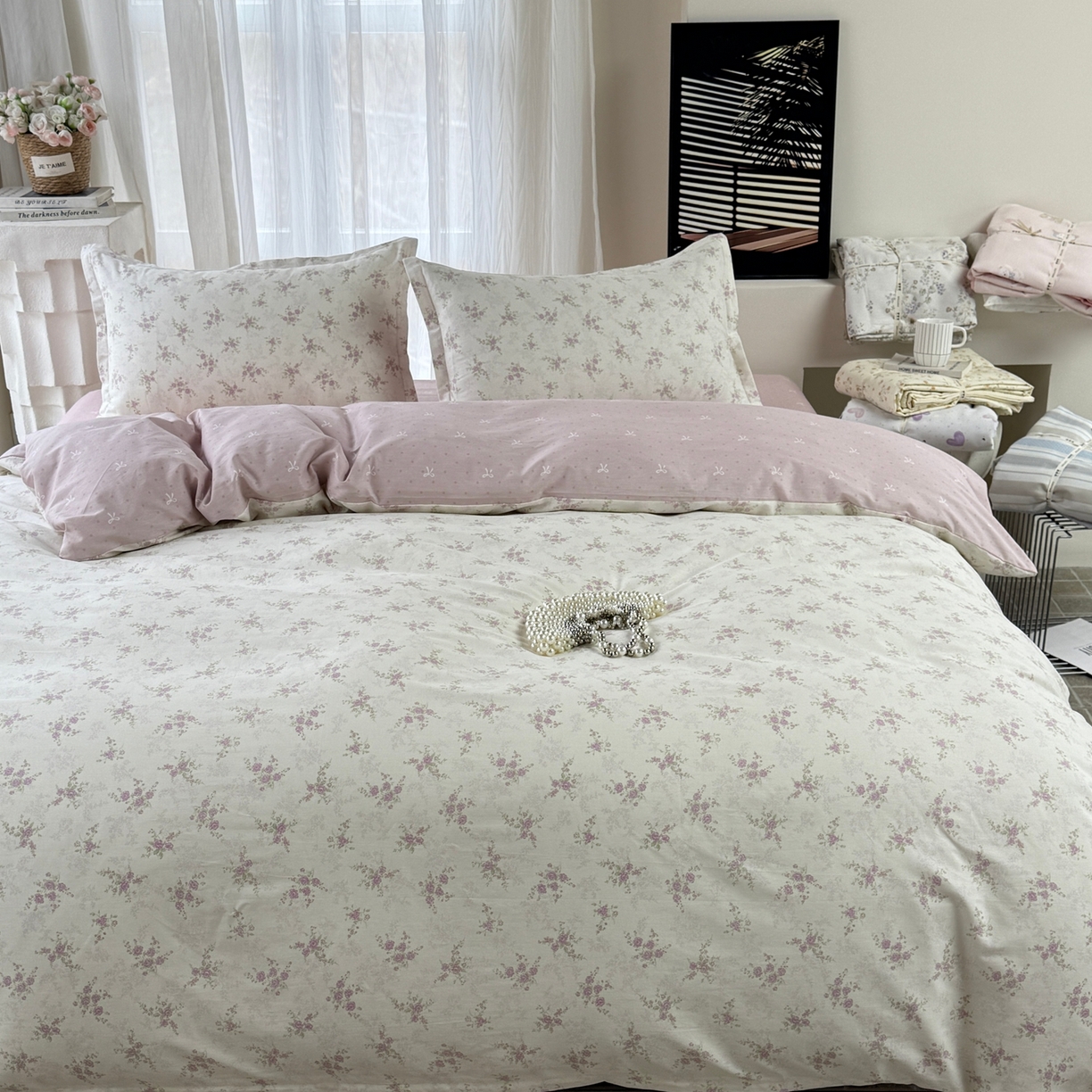 91家纺网 家纺一手货源 找家纺 美丽坊 2026新款跨境外贸爆款高支数高密度全棉纯棉四件套 暮紫流云