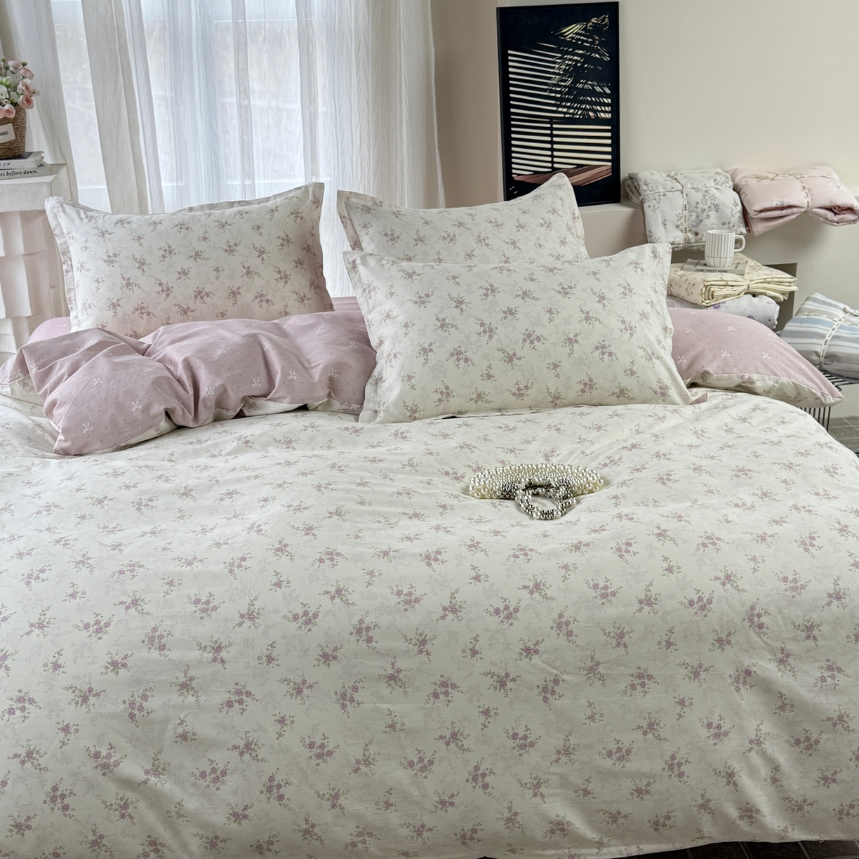 91家纺网 家纺一手货源 找家纺 美丽坊 2026新款跨境外贸爆款高支数高密度全棉纯棉四件套 暮紫流云