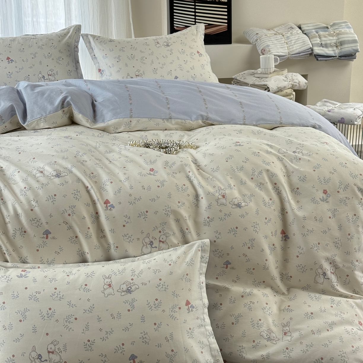 91家纺网 家纺一手货源 找家纺 美丽坊 2026新款跨境外贸爆款高支数高密度全棉纯棉四件套 妮可兔