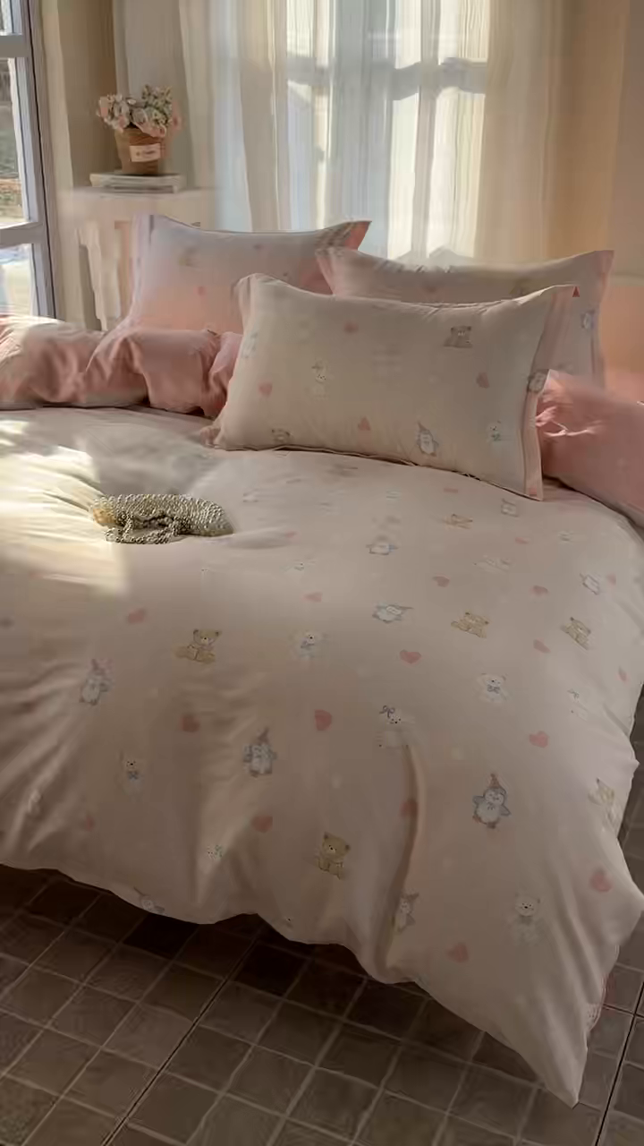 91家纺网 家纺一手货源 找家纺 美丽坊 2026新款跨境外贸爆款高支数高密度全棉纯棉四件套 软萌萌