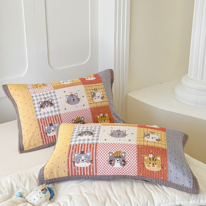 91家纺网 家纺一手货源 找家纺 乐家毛巾被（工厂自产自销） 2026新款全棉A类母婴级卡通软绵绵系列枕巾隔汗巾 格子花猫