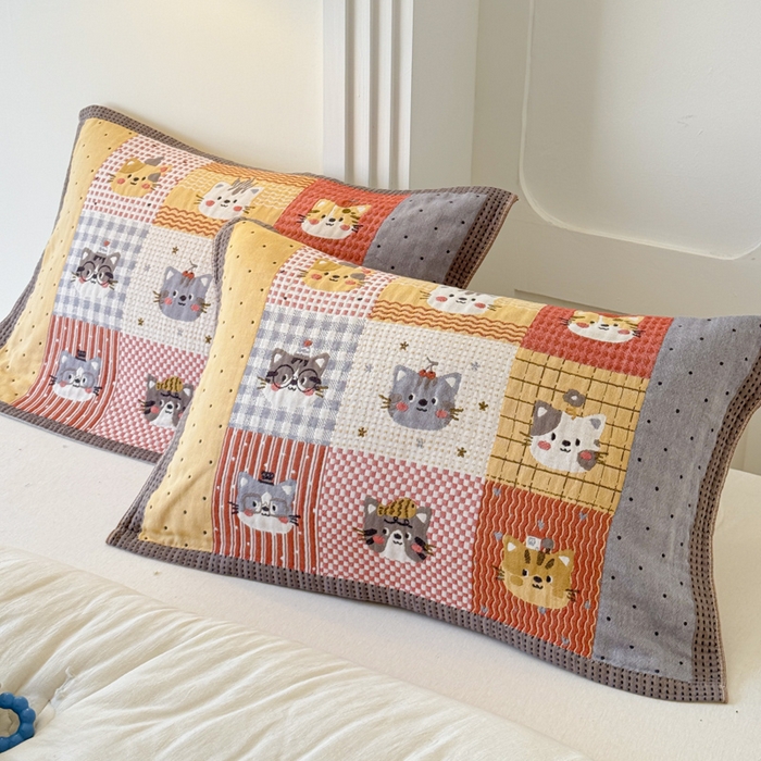 91家纺网 家纺一手货源 找家纺 乐家毛巾被（工厂自产自销） 2026新款全棉A类母婴级卡通软绵绵系列枕巾隔汗巾 格子花猫