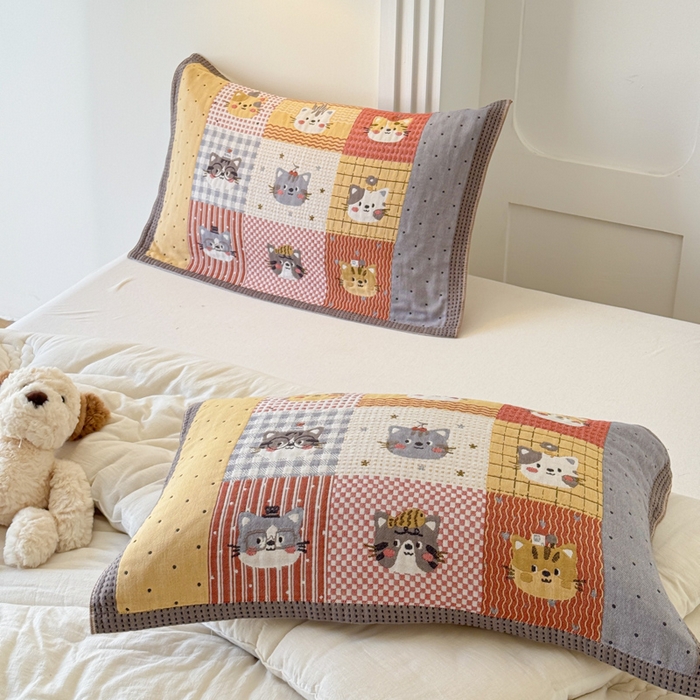 91家纺网 家纺一手货源 找家纺 乐家毛巾被（工厂自产自销） 2026新款全棉A类母婴级卡通软绵绵系列枕巾隔汗巾 格子花猫