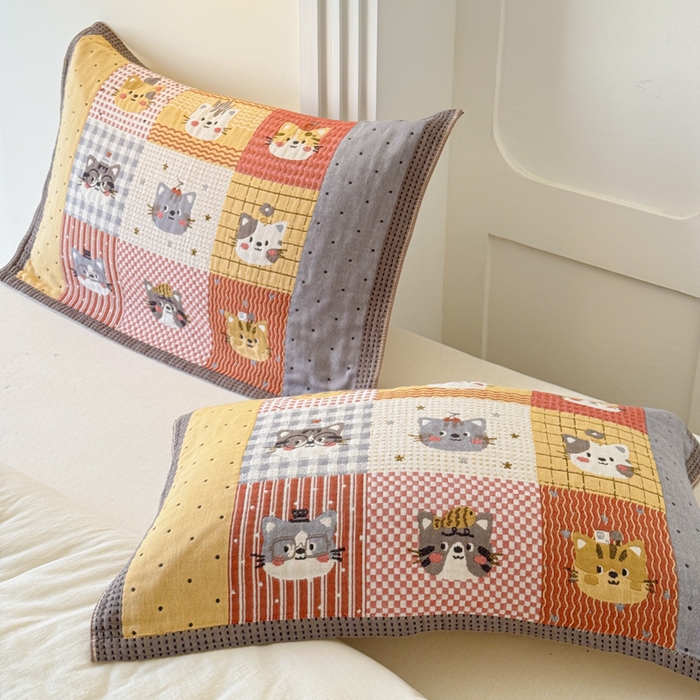 91家纺网 家纺一手货源 找家纺 乐家毛巾被（工厂自产自销） 2026新款全棉A类母婴级卡通软绵绵系列枕巾隔汗巾 格子花猫