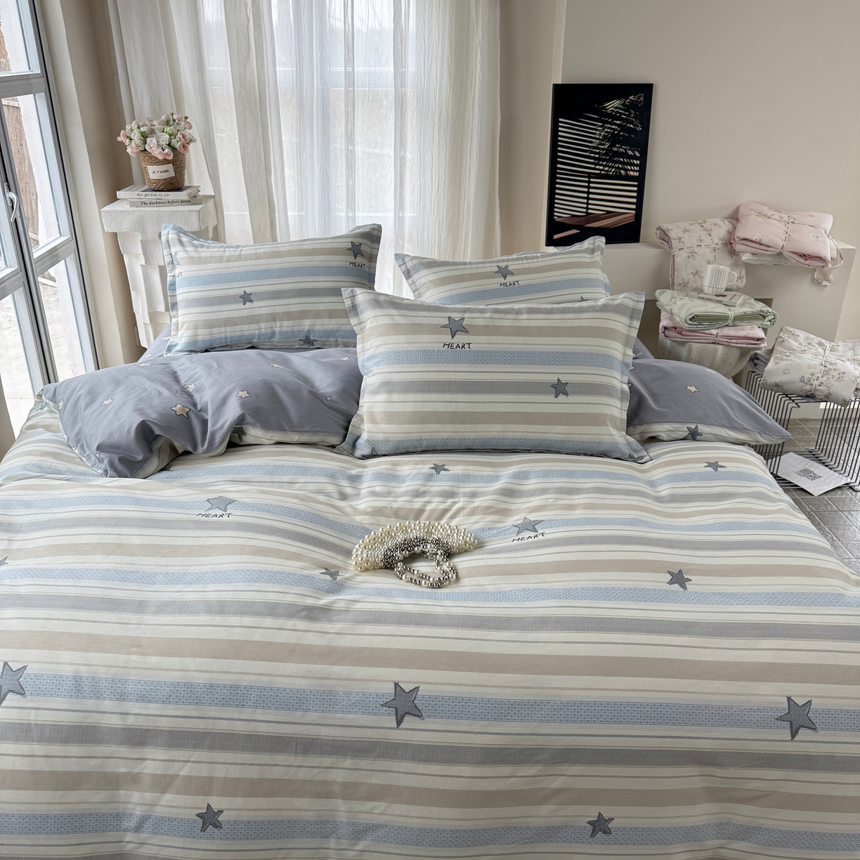 91家纺网 家纺一手货源 找家纺 美丽坊 2026新款跨境外贸爆款高支数高密度全棉纯棉四件套 天真蓝