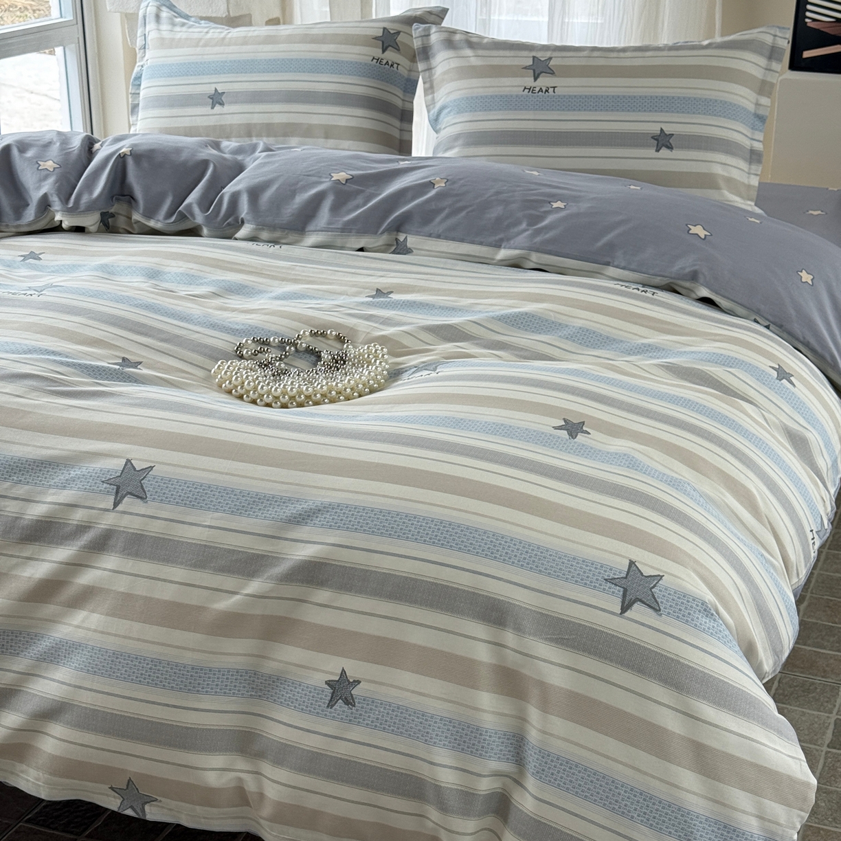 91家纺网 家纺一手货源 找家纺 美丽坊 2026新款跨境外贸爆款高支数高密度全棉纯棉四件套 天真蓝