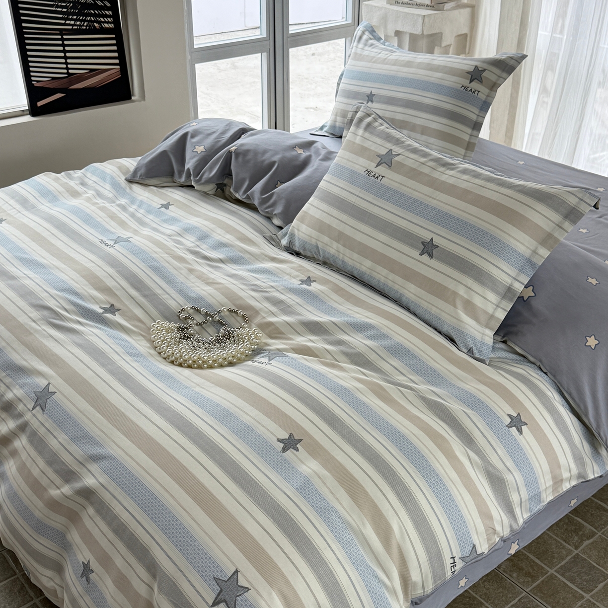 91家纺网 家纺一手货源 找家纺 美丽坊 2026新款跨境外贸爆款高支数高密度全棉纯棉四件套 天真蓝