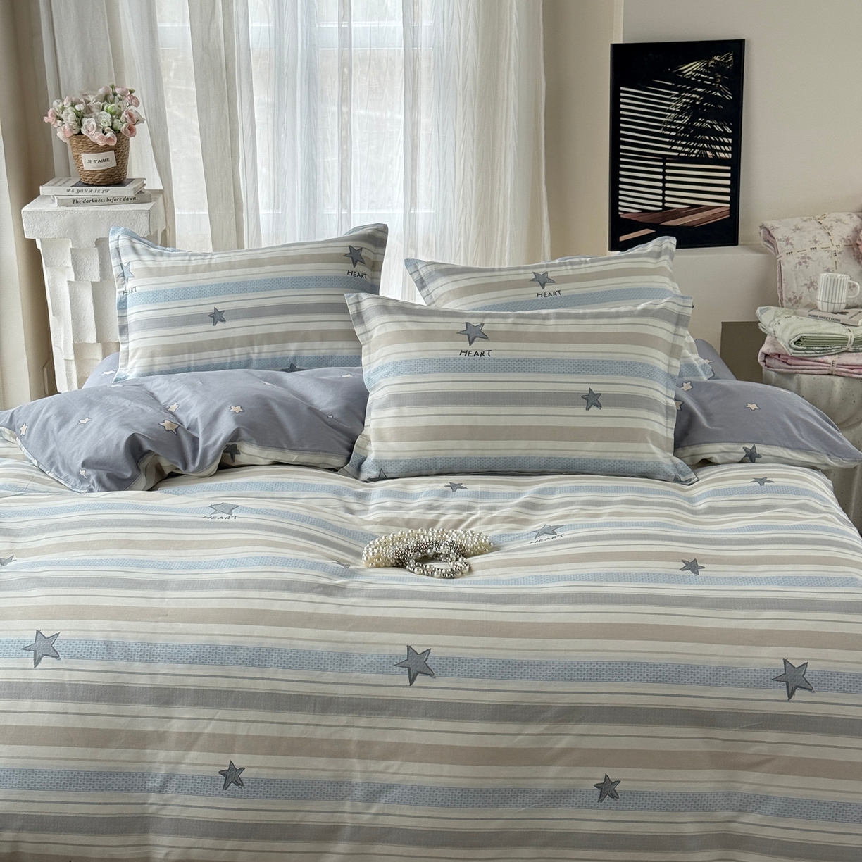 91家纺网 家纺一手货源 找家纺 美丽坊 2026新款跨境外贸爆款高支数高密度全棉纯棉四件套 天真蓝