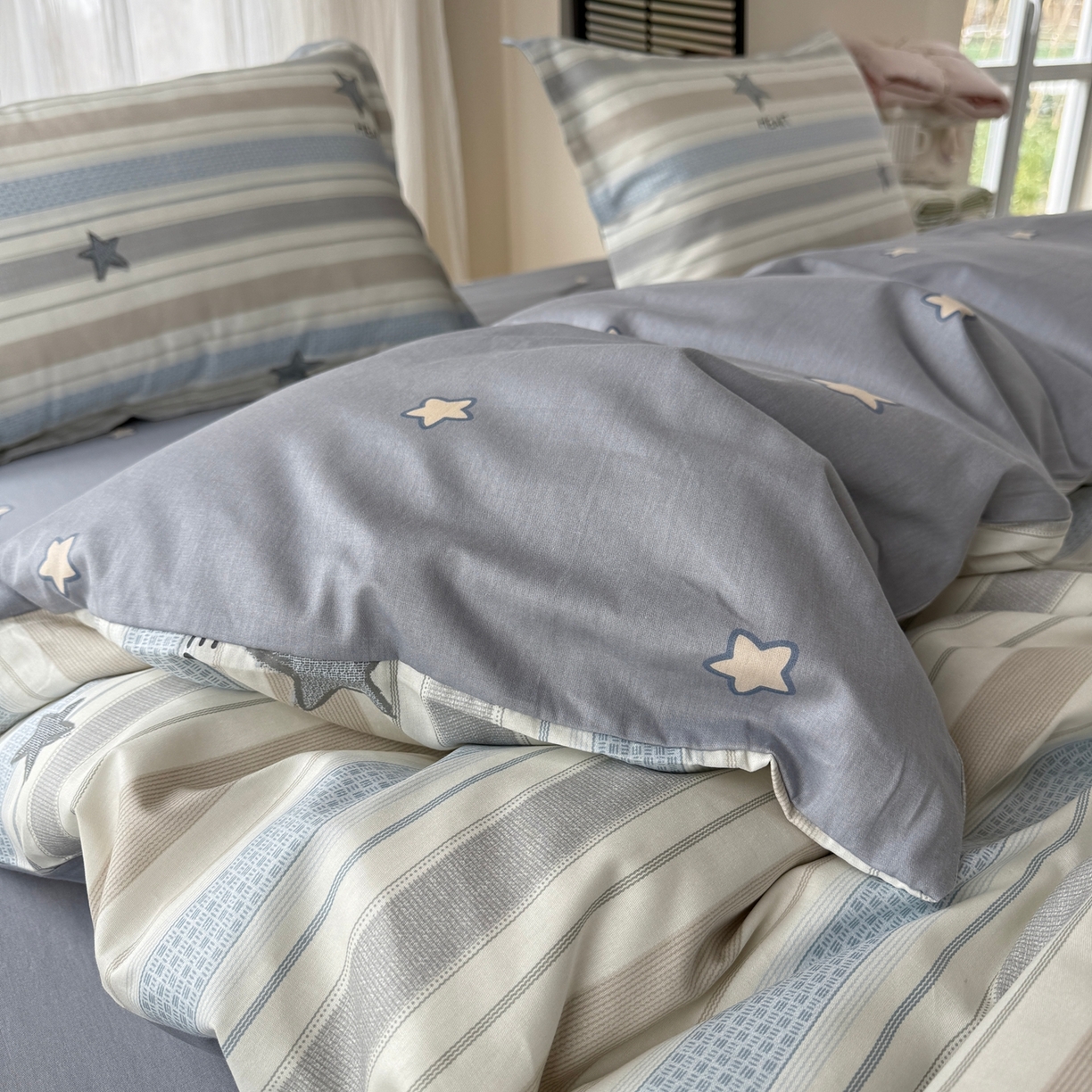 91家纺网 家纺一手货源 找家纺 美丽坊 2026新款跨境外贸爆款高支数高密度全棉纯棉四件套 天真蓝