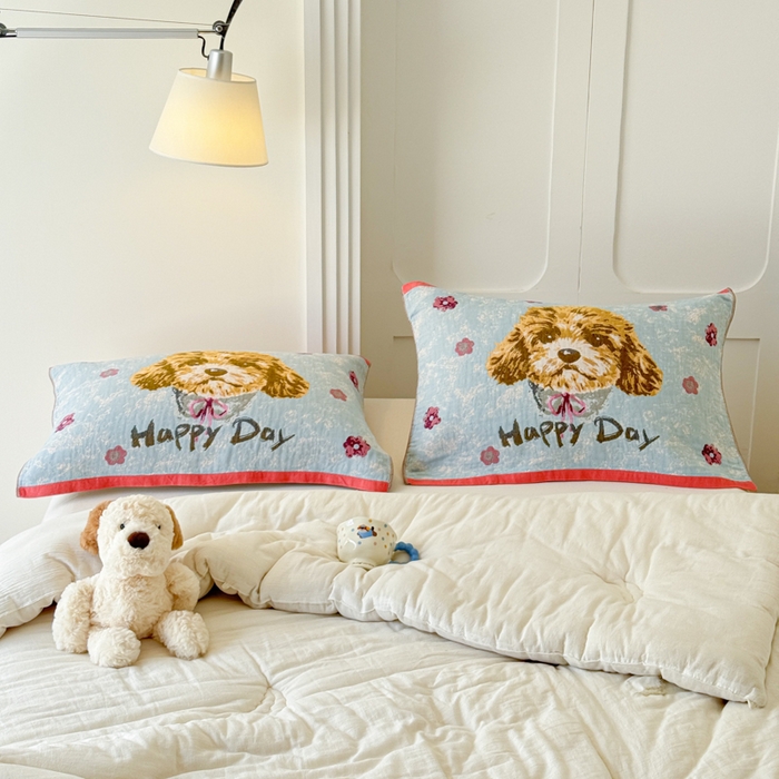 91家纺网 家纺一手货源 找家纺 乐家毛巾被（工厂自产自销） 2026新款全棉A类母婴级卡通软绵绵系列枕巾隔汗巾 萌宠happy