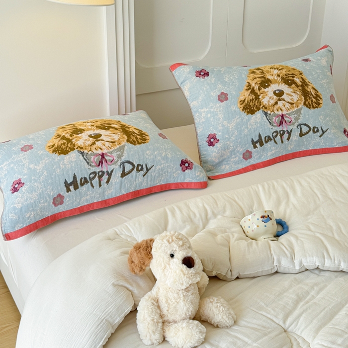 91家纺网 家纺一手货源 找家纺 乐家毛巾被（工厂自产自销） 2026新款全棉A类母婴级卡通软绵绵系列枕巾隔汗巾 萌宠happy