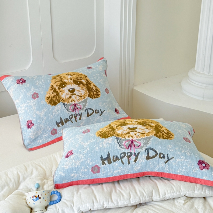 91家纺网 家纺一手货源 找家纺 乐家毛巾被（工厂自产自销） 2026新款全棉A类母婴级卡通软绵绵系列枕巾隔汗巾 萌宠happy