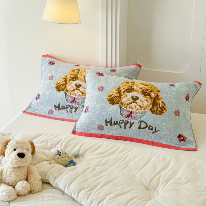 91家纺网 家纺一手货源 找家纺 乐家毛巾被（工厂自产自销） 2026新款全棉A类母婴级卡通软绵绵系列枕巾隔汗巾 萌宠happy