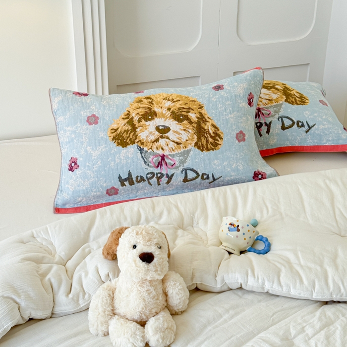 91家纺网 家纺一手货源 找家纺 乐家毛巾被（工厂自产自销） 2026新款全棉A类母婴级卡通软绵绵系列枕巾隔汗巾 萌宠happy