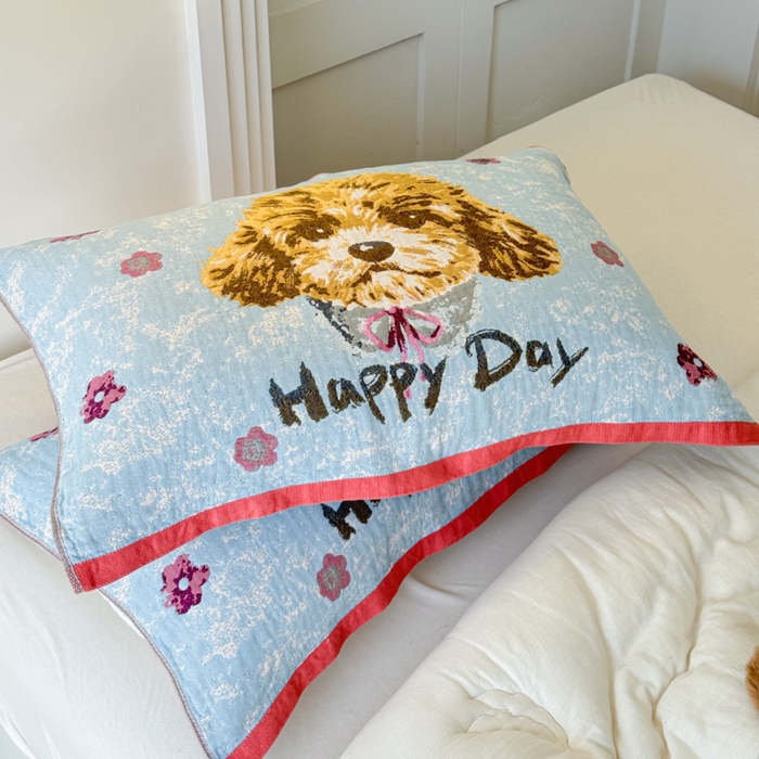 91家纺网 家纺一手货源 找家纺 乐家毛巾被（工厂自产自销） 2026新款全棉A类母婴级卡通软绵绵系列枕巾隔汗巾 萌宠happy