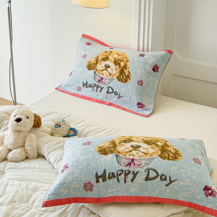 91家纺网 家纺一手货源 找家纺 乐家毛巾被（工厂自产自销） 2026新款全棉A类母婴级卡通软绵绵系列枕巾隔汗巾 萌宠happy