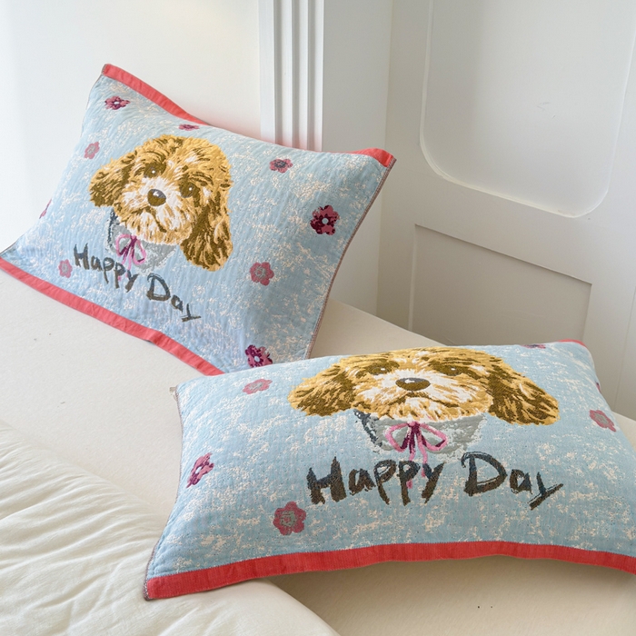 91家纺网 家纺一手货源 找家纺 乐家毛巾被（工厂自产自销） 2026新款全棉A类母婴级卡通软绵绵系列枕巾隔汗巾 萌宠happy