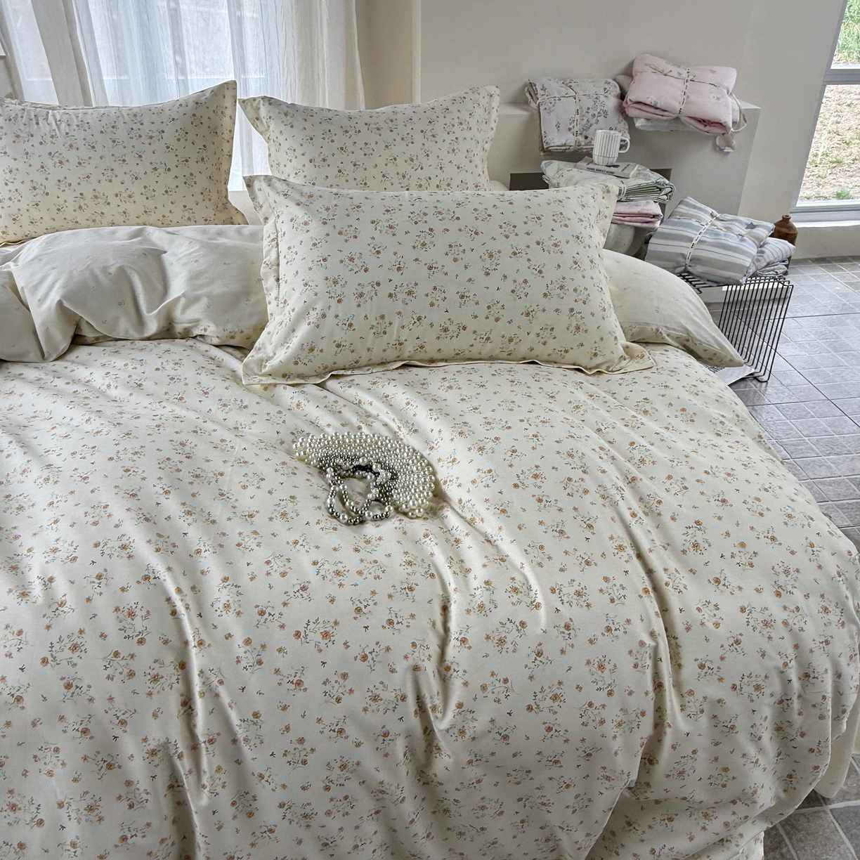 91家纺网 家纺一手货源 找家纺 美丽坊 2026新款跨境外贸爆款高支数高密度全棉纯棉四件套 微风花园