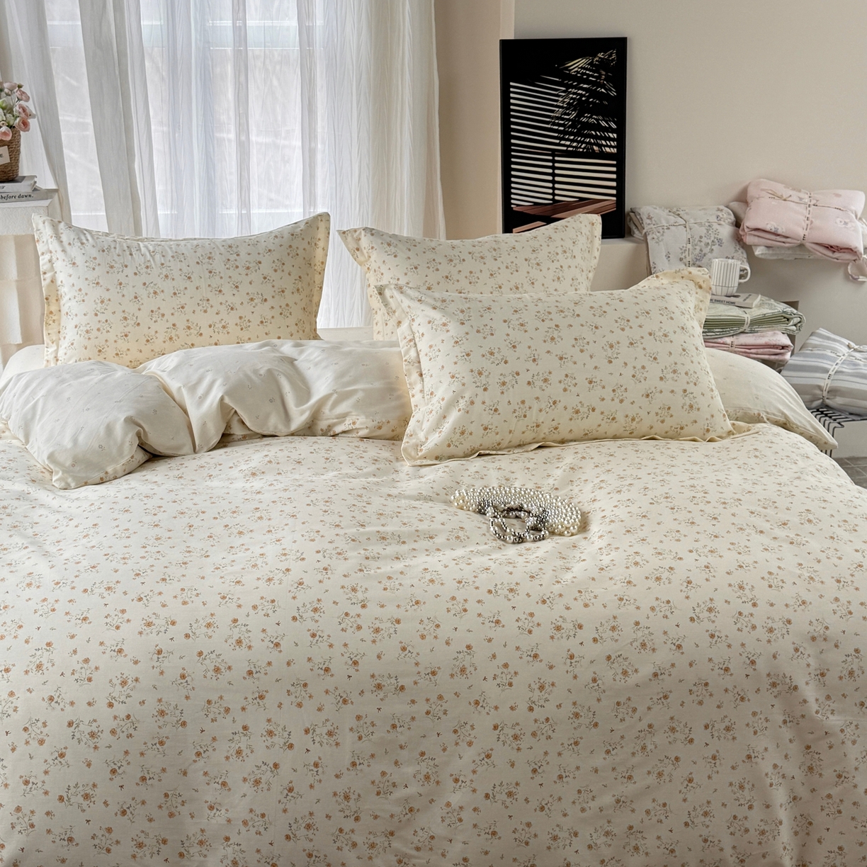 91家纺网 家纺一手货源 找家纺 美丽坊 2026新款跨境外贸爆款高支数高密度全棉纯棉四件套 微风花园