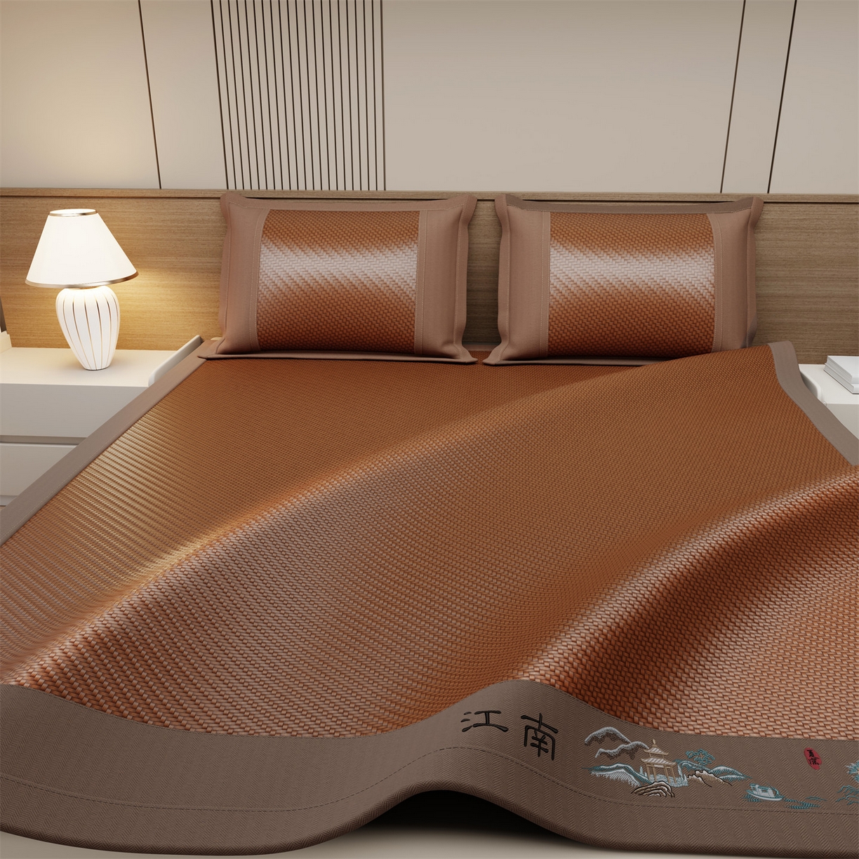 91家纺网 家纺一手货源 找家纺 鑫姿席业 2026春夏新款江南-PE凉感席凉席席子 江南-咖