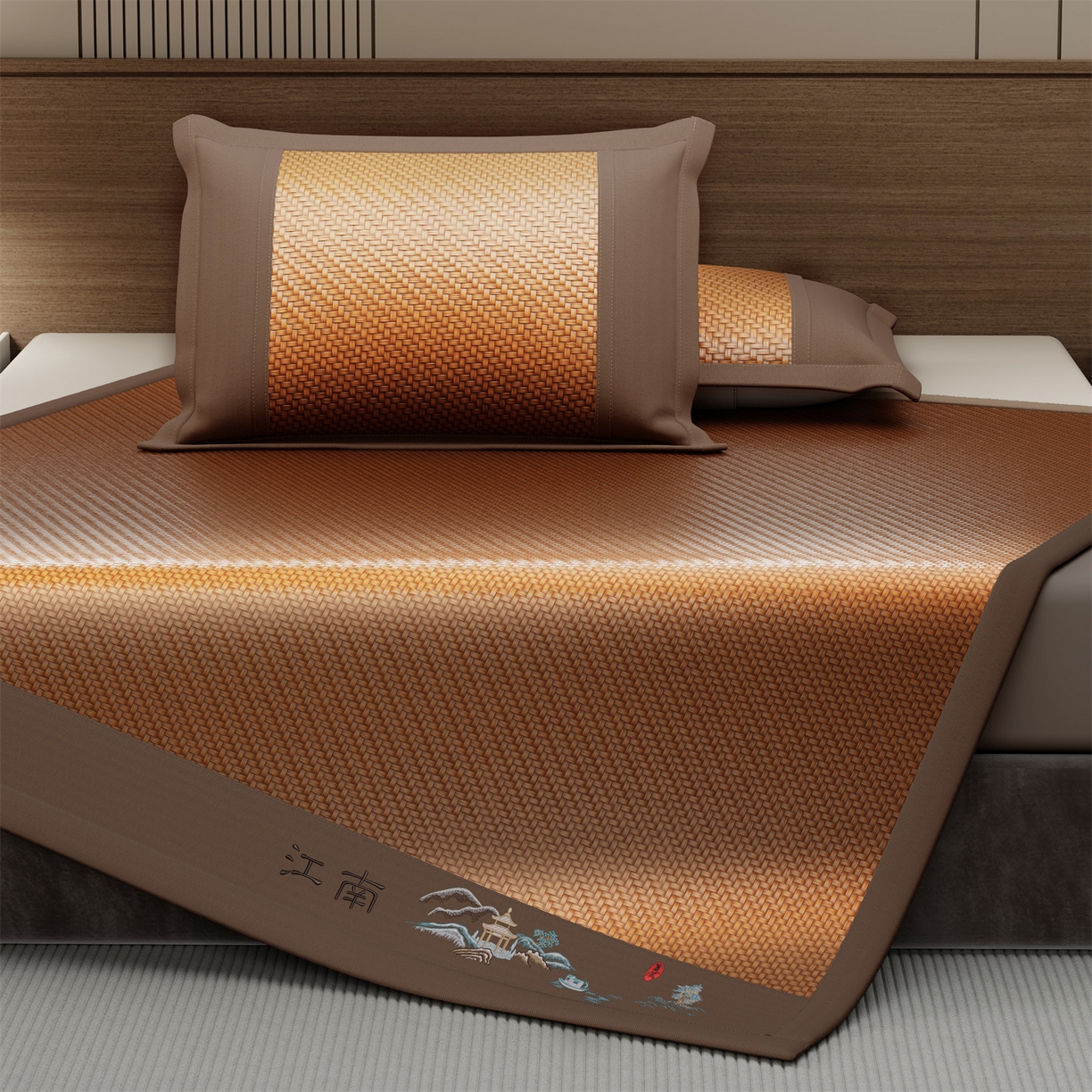 91家纺网 家纺一手货源 找家纺 鑫姿席业 2026春夏新款江南-PE凉感席凉席席子 江南-咖