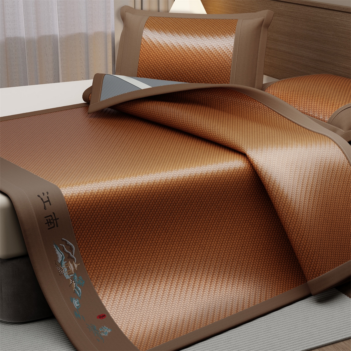 91家纺网 家纺一手货源 找家纺 鑫姿席业 2026春夏新款江南-PE凉感席凉席席子 江南-咖