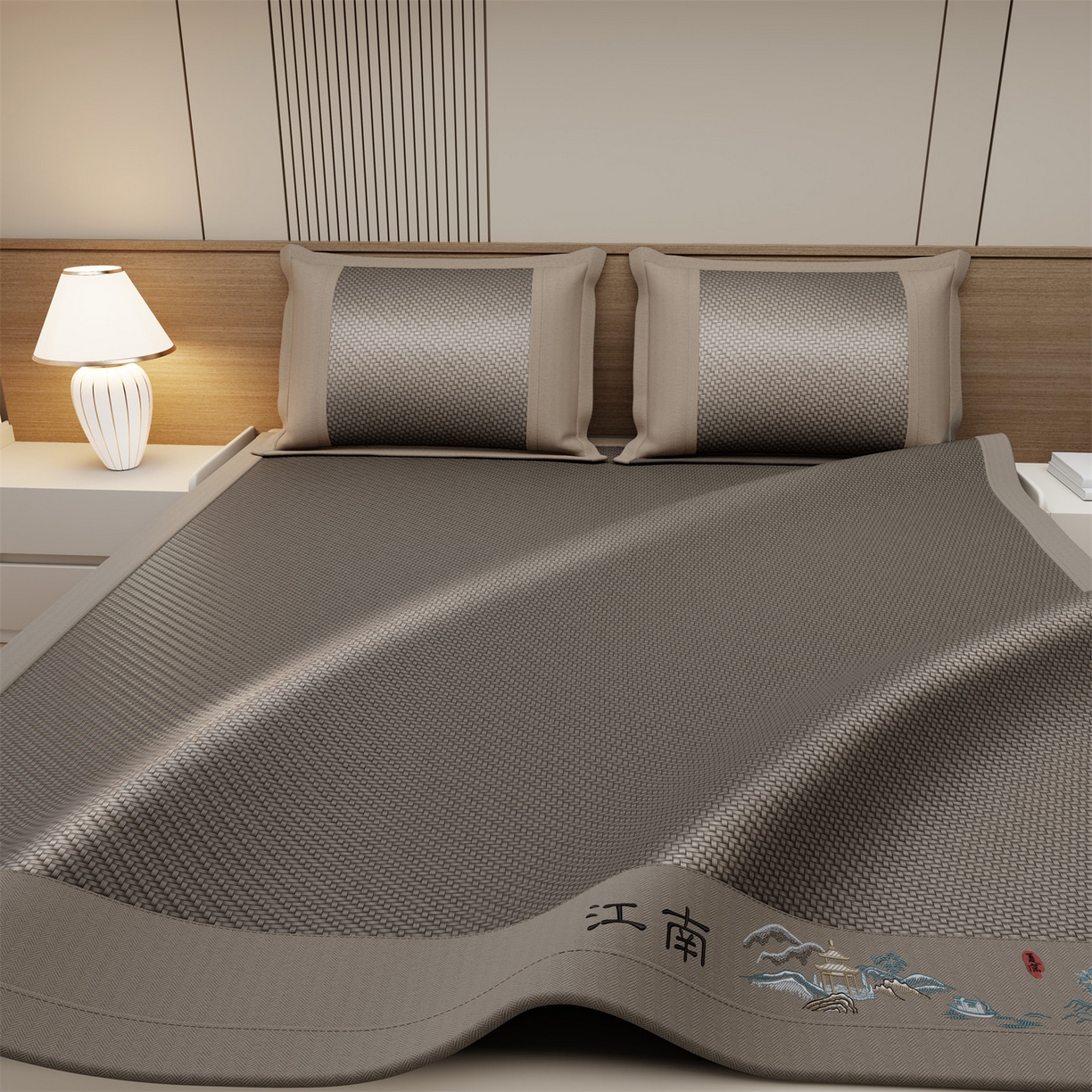 91家纺网 家纺一手货源 找家纺 鑫姿席业 2026春夏新款江南-PE凉感席凉席席子 江南-灰