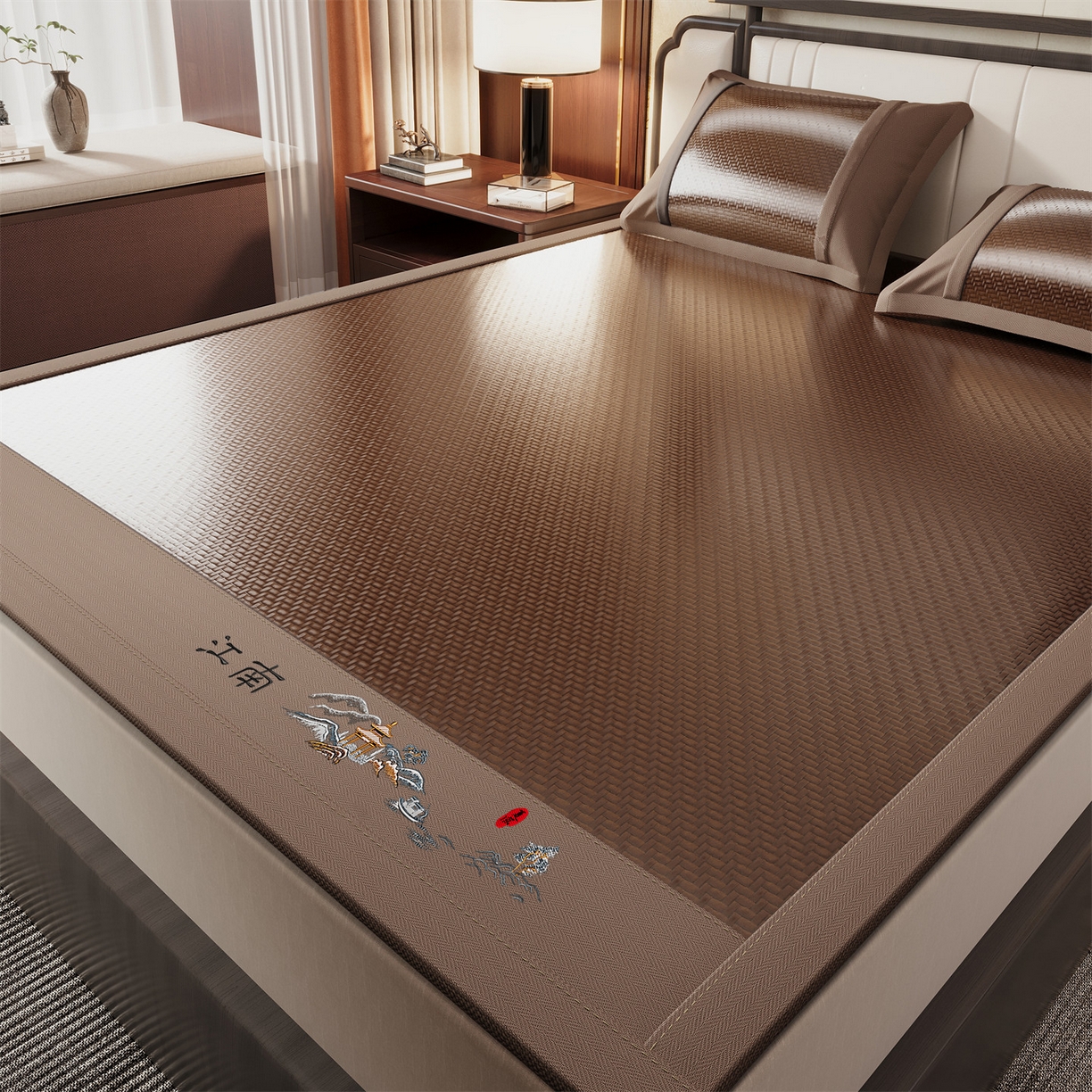 91家纺网 家纺一手货源 找家纺 鑫姿席业 2026春夏新款江南-PE凉感席凉席席子 江南-巧克力色