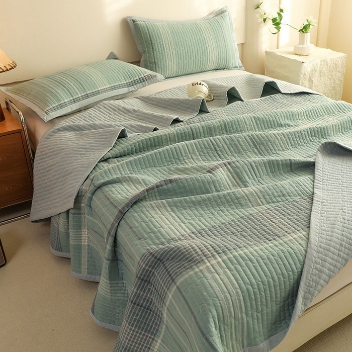 91家纺网 家纺一手货源 找家纺 仰望棉麻双层纱供应链 2026新款全棉纯棉色织水洗棉床盖三四件套 米亚-绿+小密格-绿