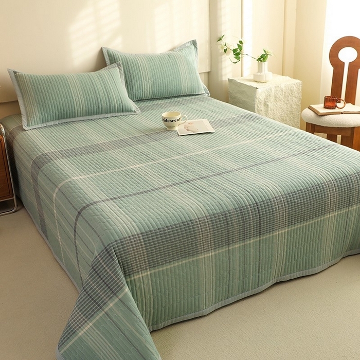 91家纺网 家纺一手货源 找家纺 仰望棉麻双层纱供应链 2026新款全棉纯棉色织水洗棉床盖三四件套 米亚-绿+小密格-绿