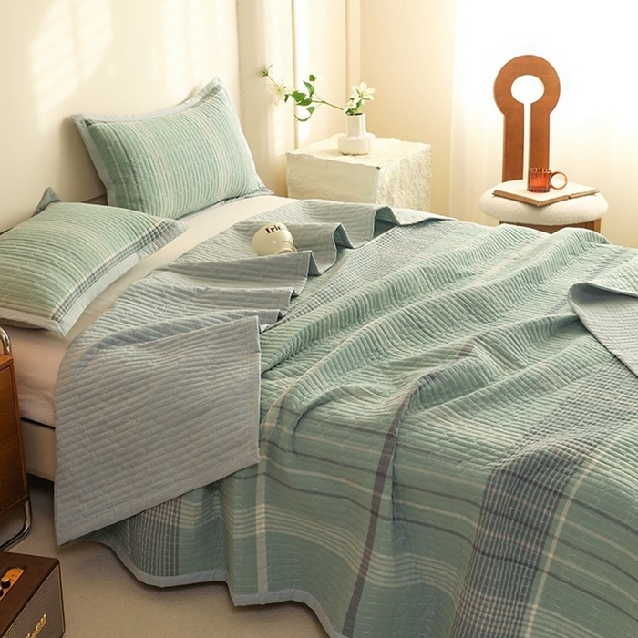 91家纺网 家纺一手货源 找家纺 仰望棉麻双层纱供应链 2026新款全棉纯棉色织水洗棉床盖三四件套 米亚-绿+小密格-绿