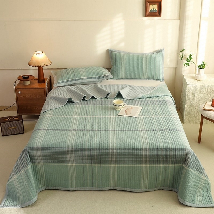 91家纺网 家纺一手货源 找家纺 仰望棉麻双层纱供应链 2026新款全棉纯棉色织水洗棉床盖三四件套 米亚-绿+小密格-绿