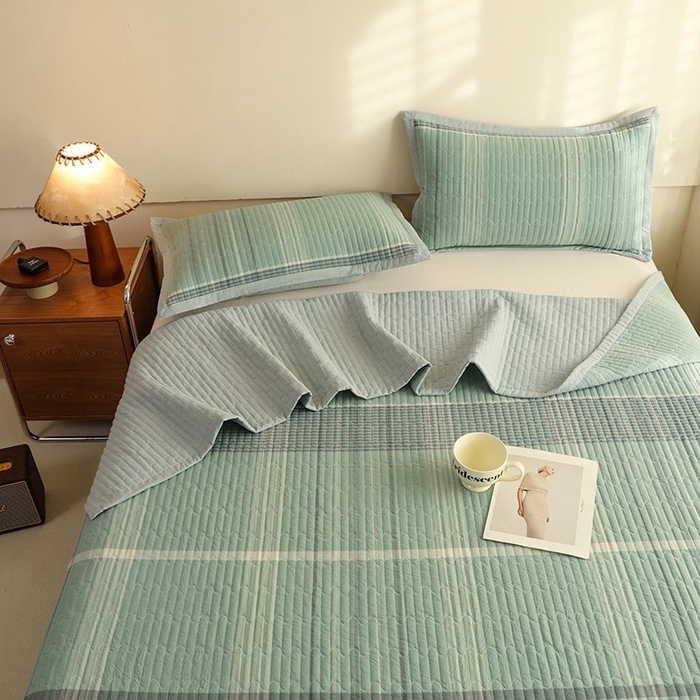 91家纺网 家纺一手货源 找家纺 仰望棉麻双层纱供应链 2026新款全棉纯棉色织水洗棉床盖三四件套 米亚-绿+小密格-绿