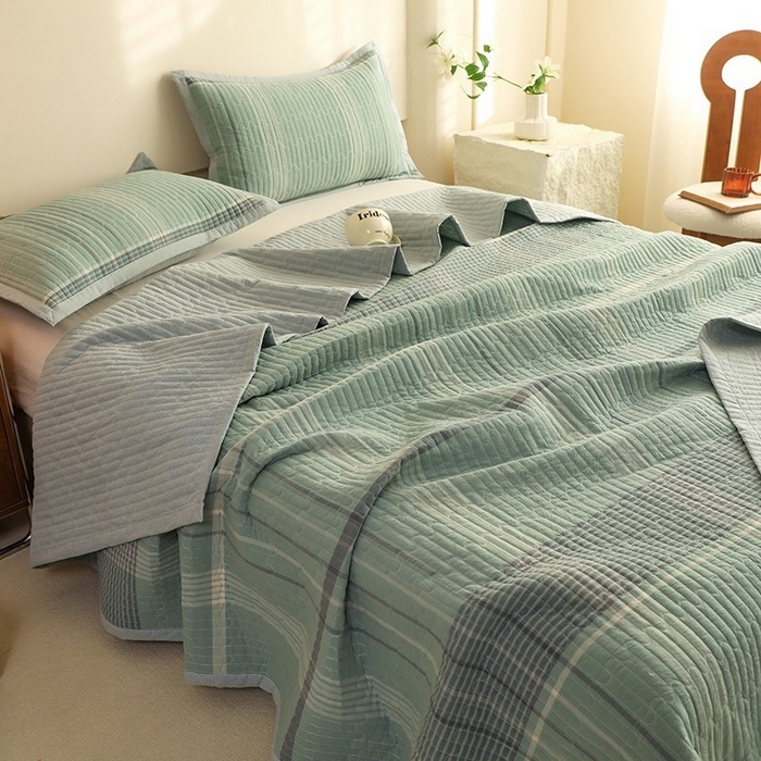 91家纺网 家纺一手货源 找家纺 仰望棉麻双层纱供应链 2026新款全棉纯棉色织水洗棉床盖三四件套 米亚-绿+小密格-绿