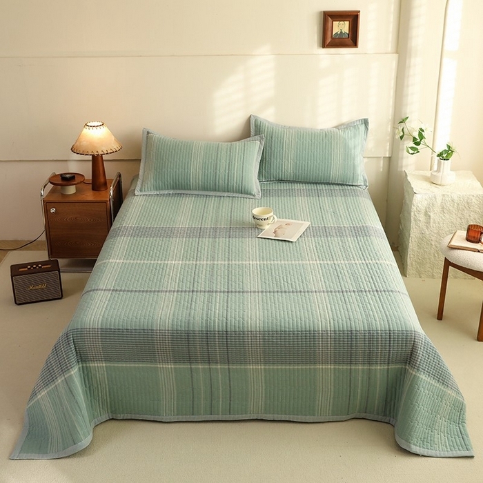 91家纺网 家纺一手货源 找家纺 仰望棉麻双层纱供应链 2026新款全棉纯棉色织水洗棉床盖三四件套 米亚-绿+小密格-绿