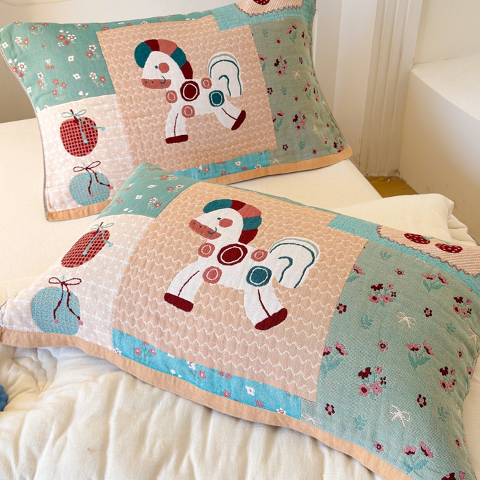 乐家毛巾被（工厂自产自销） 2026新款全棉A类母婴级卡通软绵绵系列枕巾隔汗巾 拼接木马