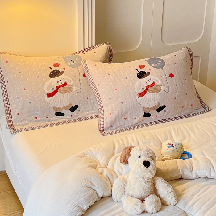 91家纺网 家纺一手货源 找家纺 乐家毛巾被（工厂自产自销） 2026新款全棉A类母婴级卡通软绵绵系列枕巾隔汗巾 气球小白兔