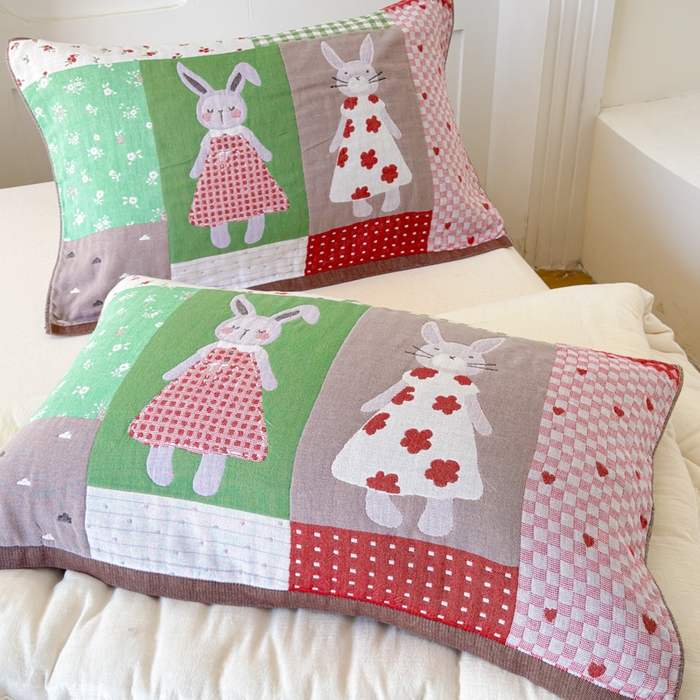 乐家毛巾被（工厂自产自销） 2026新款全棉A类母婴级卡通软绵绵系列枕巾隔汗巾 田园兔拼布