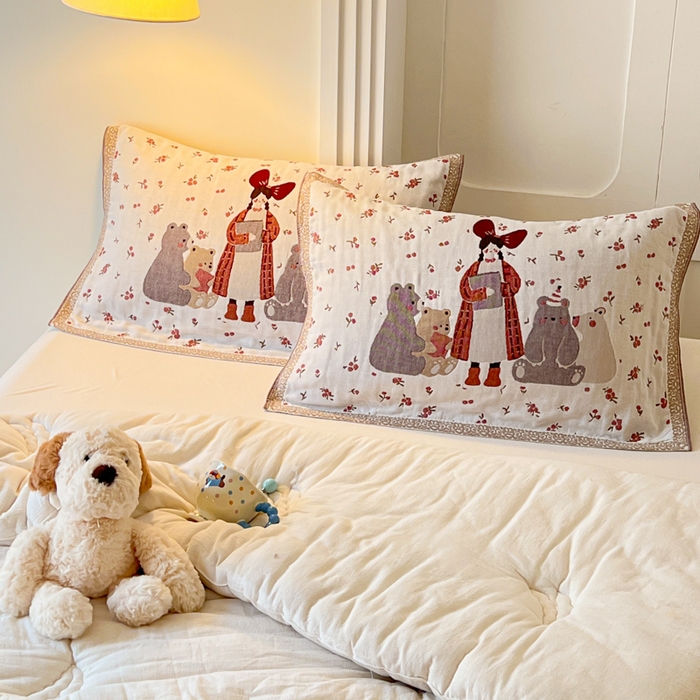 91家纺网 家纺一手货源 找家纺 乐家毛巾被（工厂自产自销） 2026新款全棉A类母婴级卡通软绵绵系列枕巾隔汗巾 听课小熊