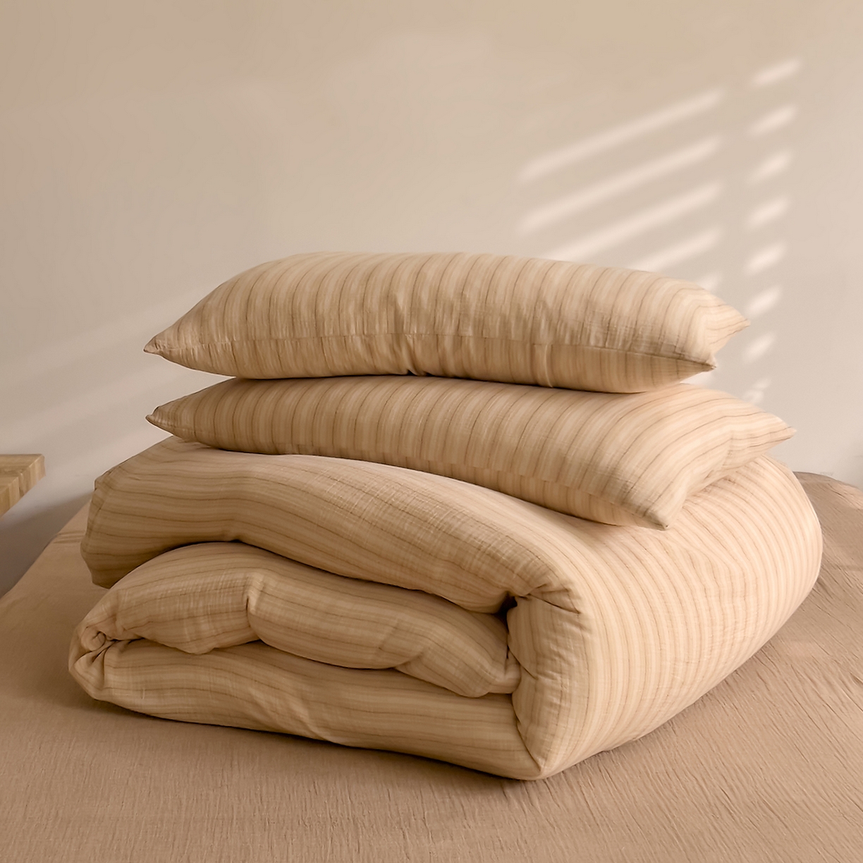 91家纺网 家纺一手货源 找家纺 DoDo 兜兜 2026新款全棉纯棉A类色织皱皱纱四件套 小半-棕